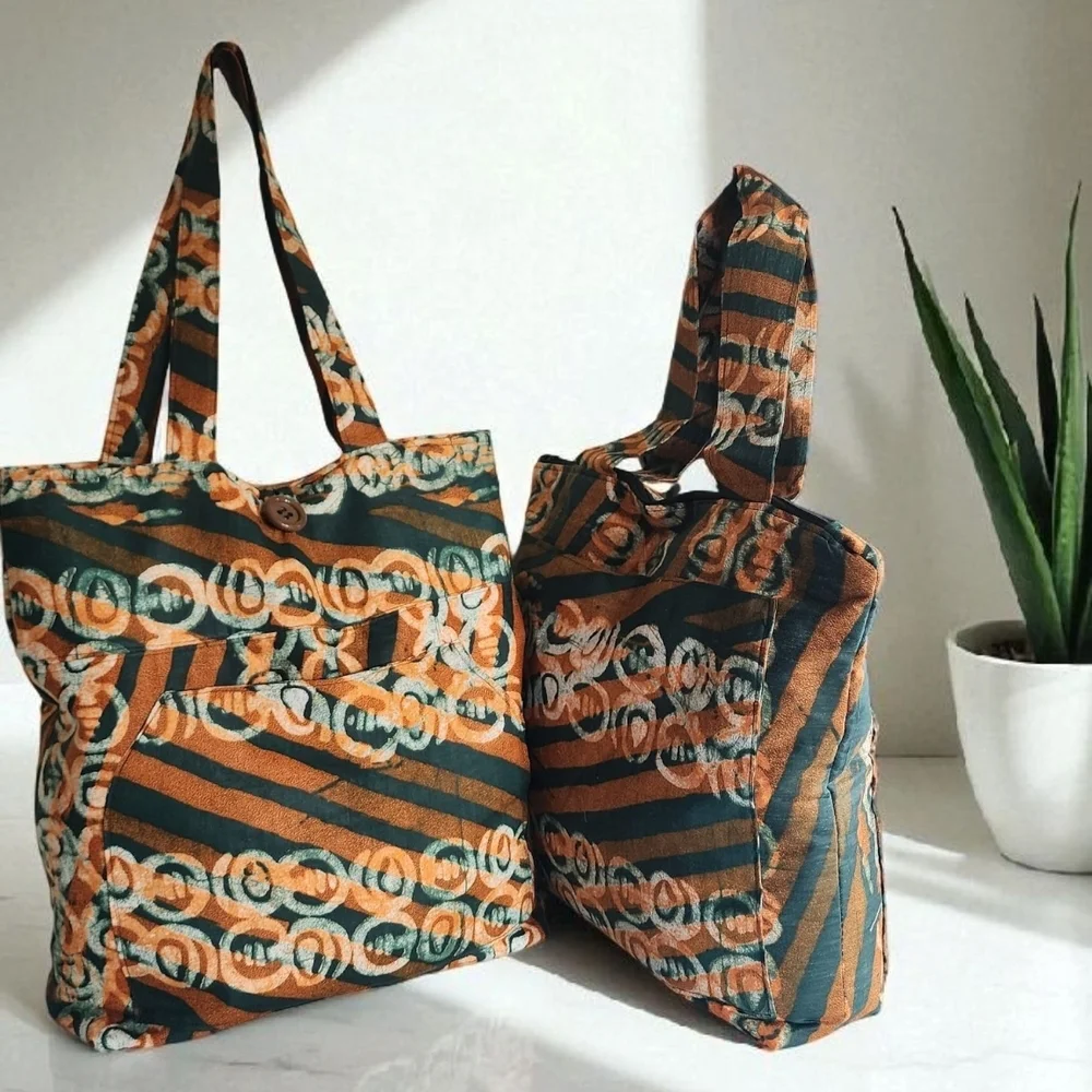 Chic Green and Brown Tote with Retro Pattern